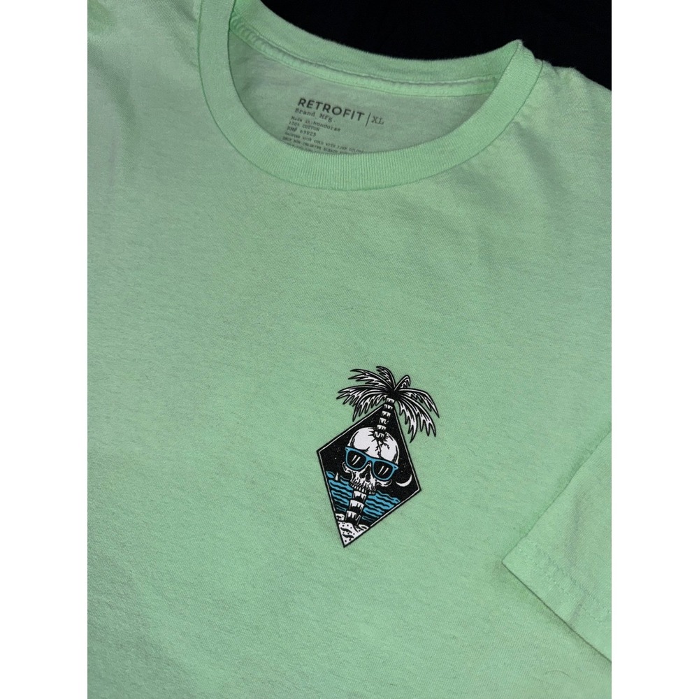 Retrofit Mens XL T-Shirt Mint Green Lost In Paradise Skull Palm Tree Graphic Tee